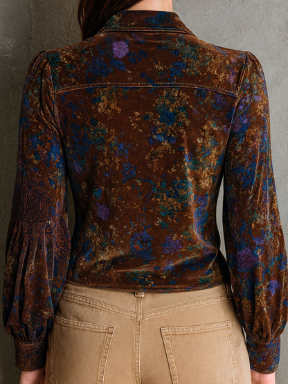 Chic Boho Floral Print Velvet Blouse With Ruffle Trim
