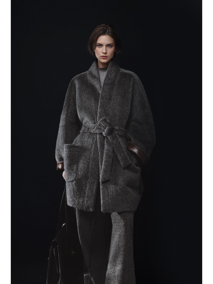 Luxury Ostrich-Texture Patchwork Wool-Blend Alpaca Coat for Women – Elegant Fall Winter Outerwear