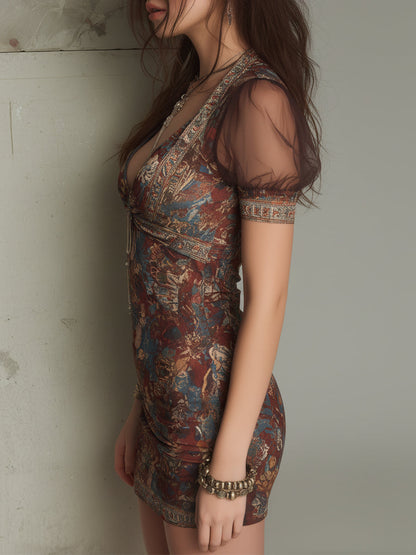 Retro Lace Trimmed Mesh Short-sleeved Slim Mini Dress