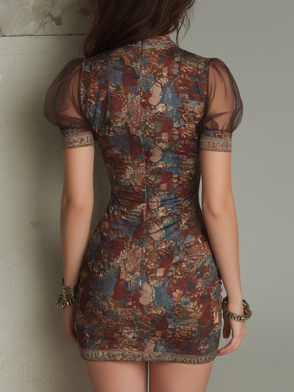 Retro Lace Trimmed Mesh Short-sleeved Slim Mini Dress