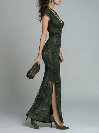 Retro Lace Trim Cap Sleeves Side Slit Maxi Dress
