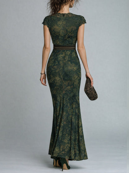 Retro Lace Trim Cap Sleeves Side Slit Maxi Dress