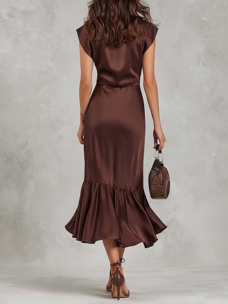 Elegant Vintage Draped Satin Midi Dress