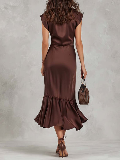 Elegant Vintage Draped Satin Midi Dress