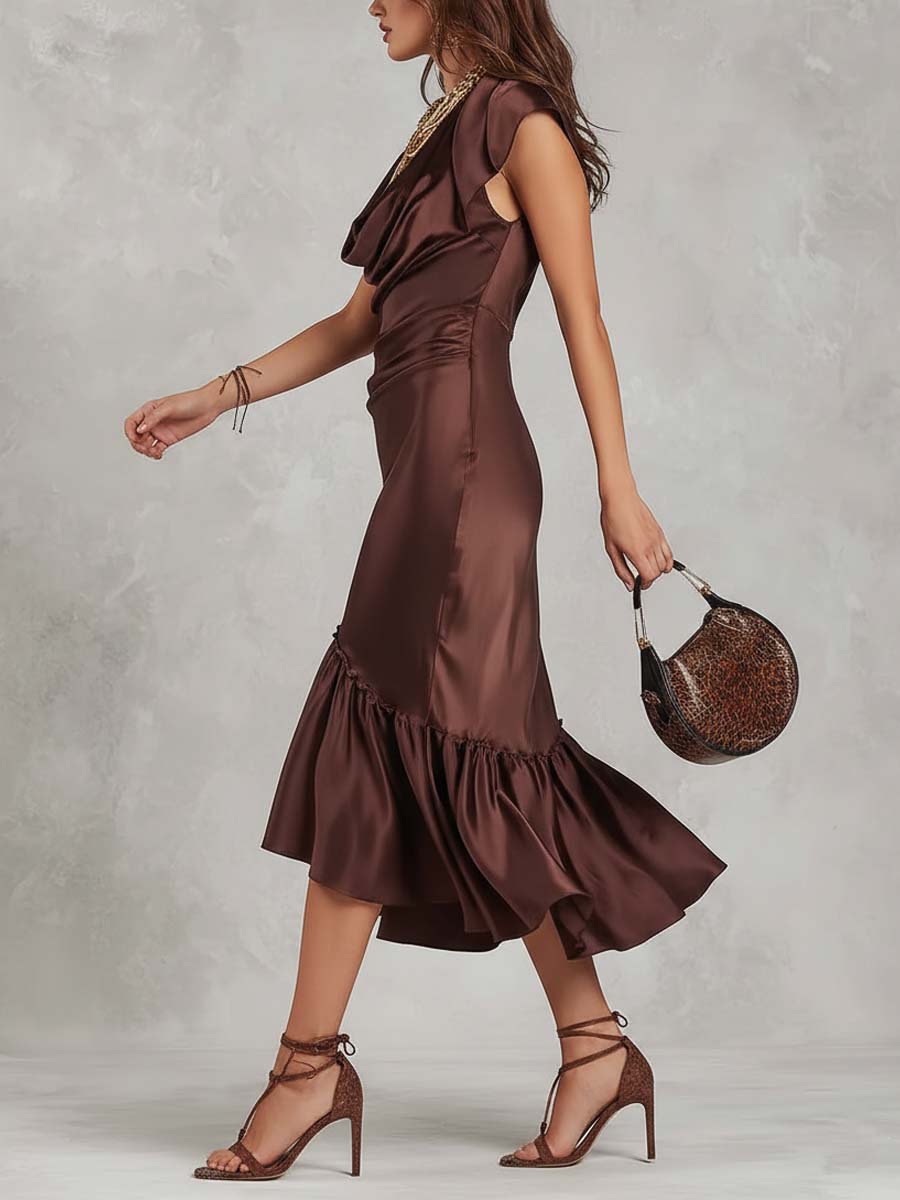 Elegant Vintage Draped Satin Midi Dress