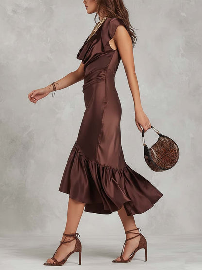 Elegant Vintage Draped Satin Midi Dress