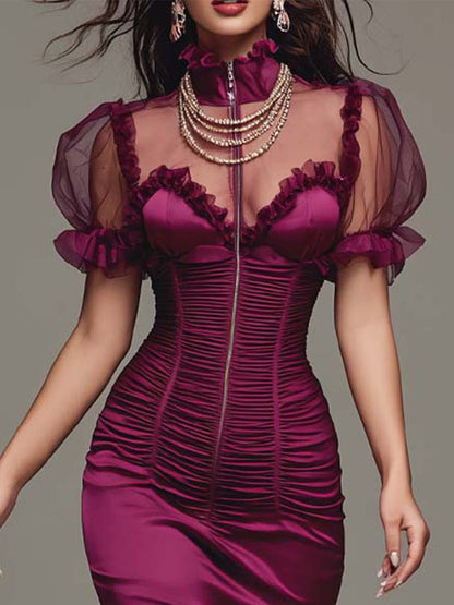 Rose Pink Elegant Satin Pleated Mesh Midi Dress