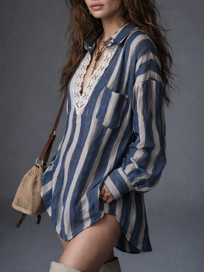 Retro Striped Loose Short Dress With Lace Trim