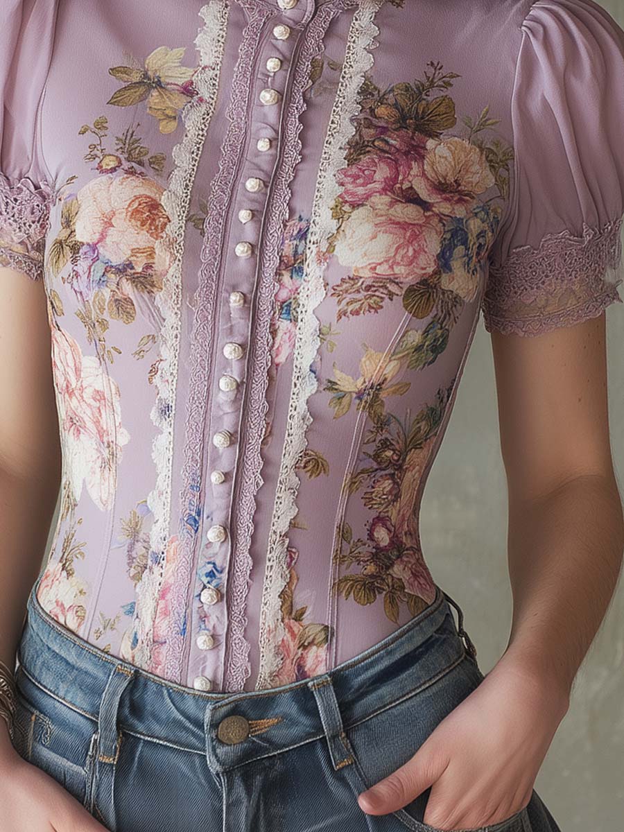 Vintage Lace Trim Oil Painting Chiffon Short-sleeved Blouse
