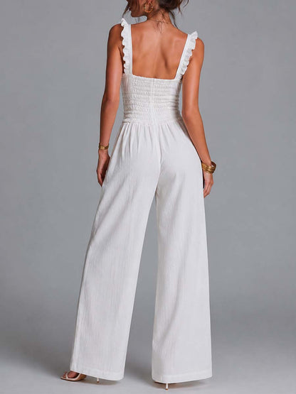 White Cotton Blend Ruffled Strap Smocked Wide-Leg Jumpsuit