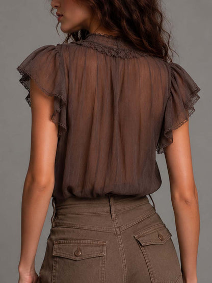 Mocha Brown Crinkled Chiffon Lace-Trimmed Flutter Sleeve Blouse