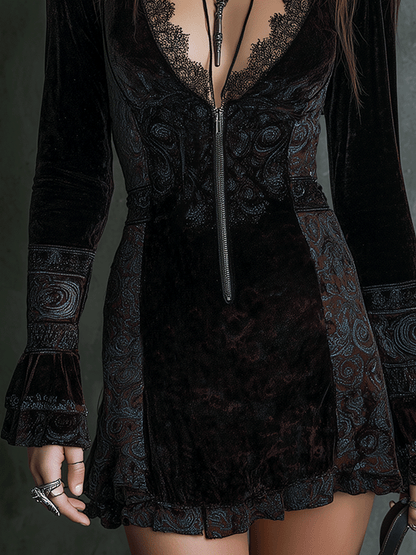 Bohemian Delicate Lace Velvet Mini Dress