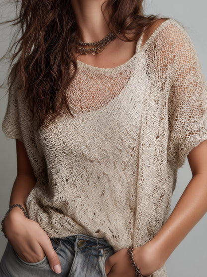 Retro Hollow Knitted One-shoulder Blouse With Inner Layer