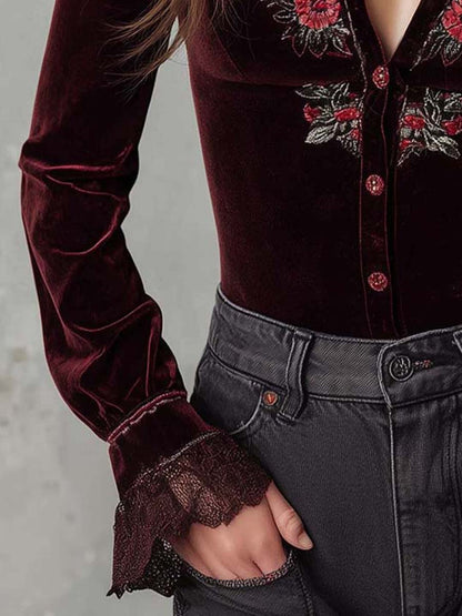 Wine Red Velvet Embroidered Lace Shirt