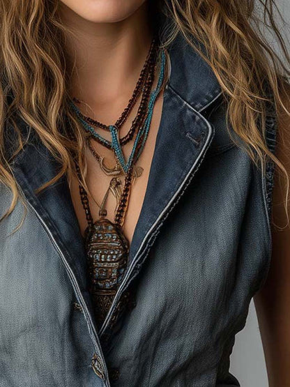 Vintage Workwear Style Distressed Blue Jean Vest