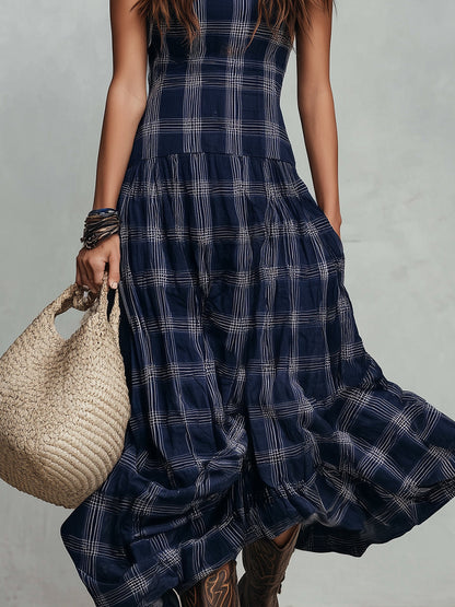 Classic Plaid Sleeveless Side Pocket Maxi Dress