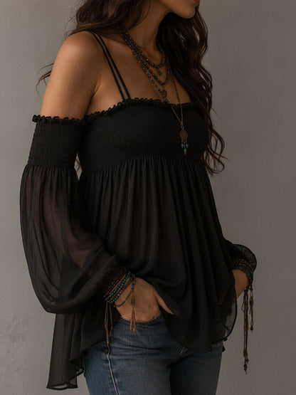Boho Romantic Black Sheer Chiffon Smocked Bodice Blouse