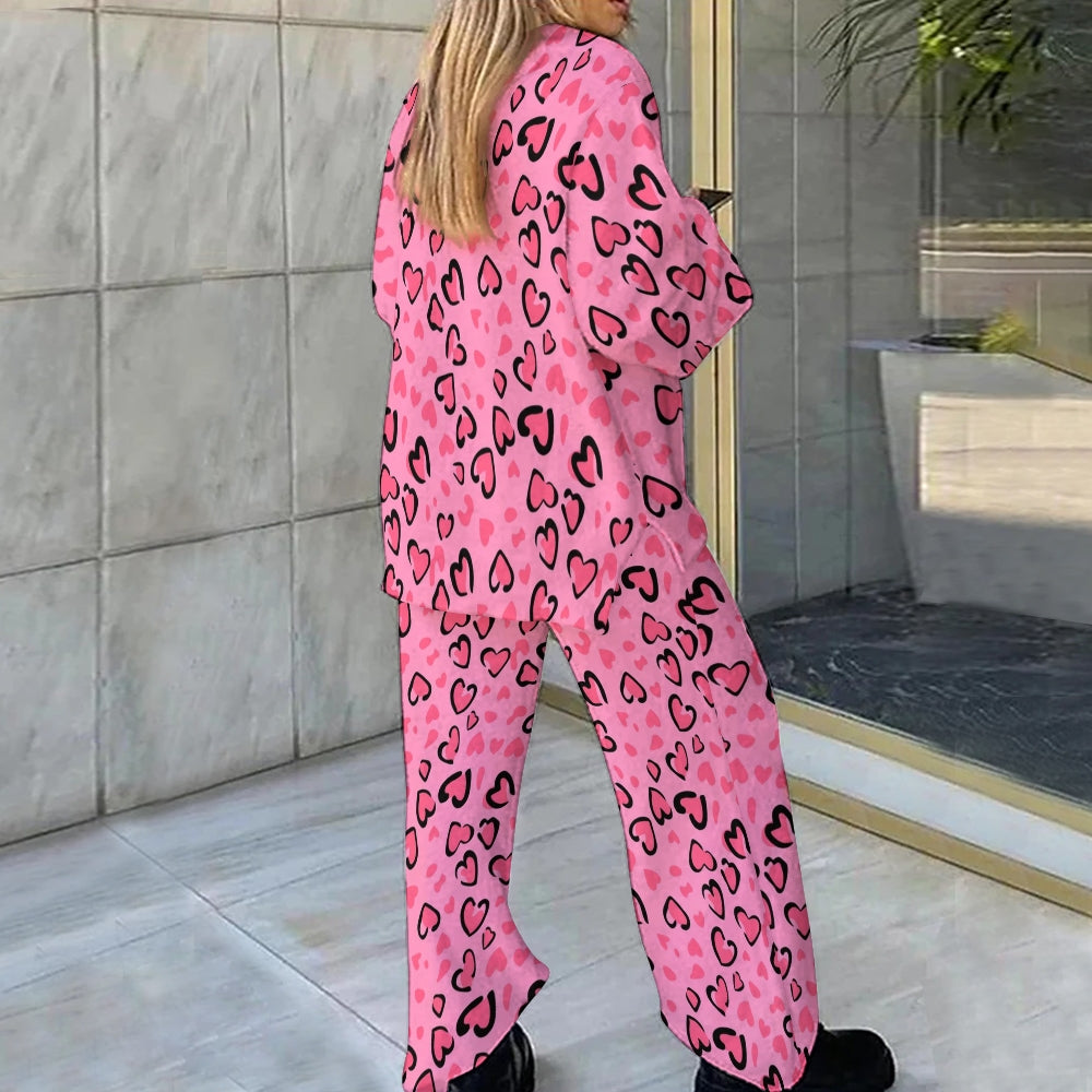 Valentine's Day Pink Heart Leopard Loungewear Set For Women