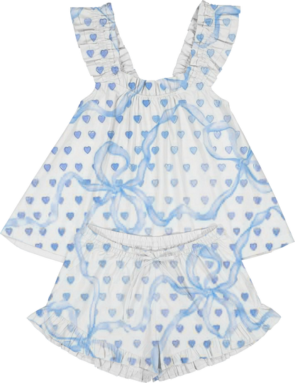 Heart Bow Print Ruffled Trim Short Tank Top Shorts Pajama Set
