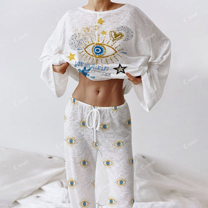 Colordate Women's Stars And Blue Eyes Long Sleeve Cotton Homewear Set