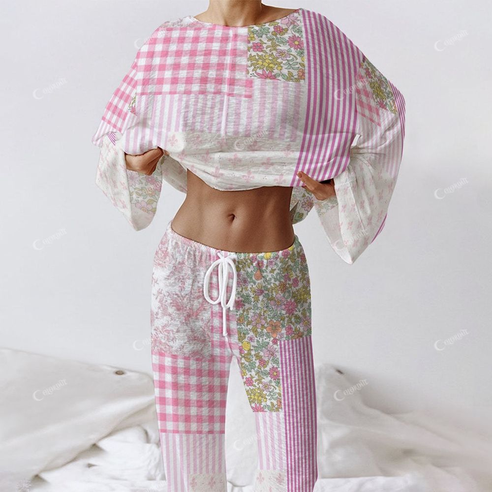 Colordate Women's Floral Checkered Patchwork Print Long Sleeve Cotton Homewear Set