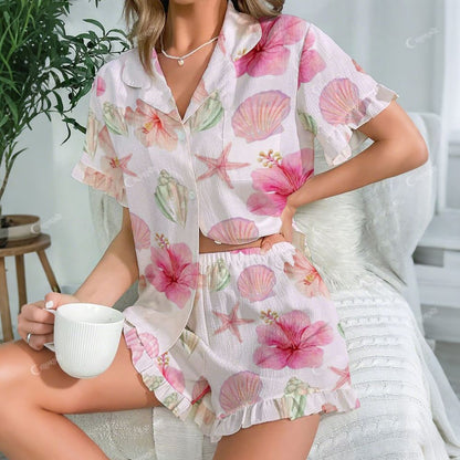 Women's Large Flower Print Cotton Cardigan Homewear Set