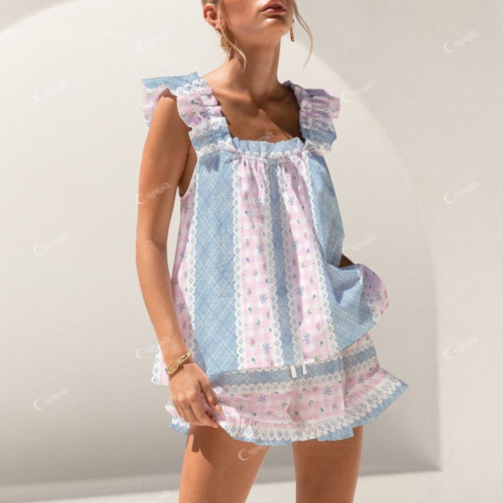 Colordate Patchwork Pattern Print Short Tank Top Shorts Pajama Set
