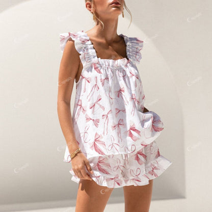 Colordate Red Bow Print Short Tank Top Shorts Pajama Set