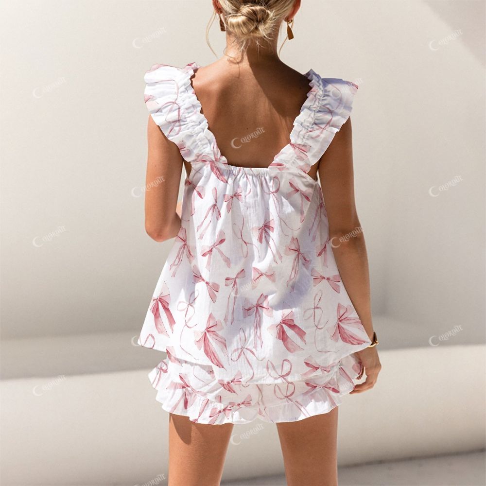 Colordate Red Bow Print Short Tank Top Shorts Pajama Set