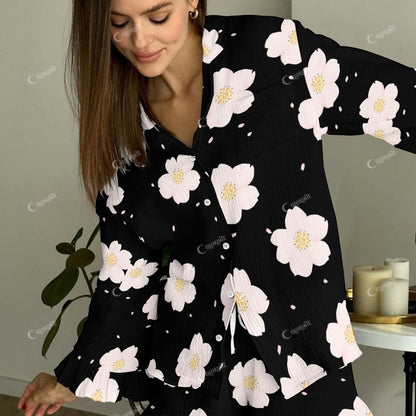 Floral Fantasia Women's Black And White Flowers Vintage Printed Linen Cotton Suit