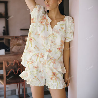Colordate Orange Flowers Print Short Pajama Set