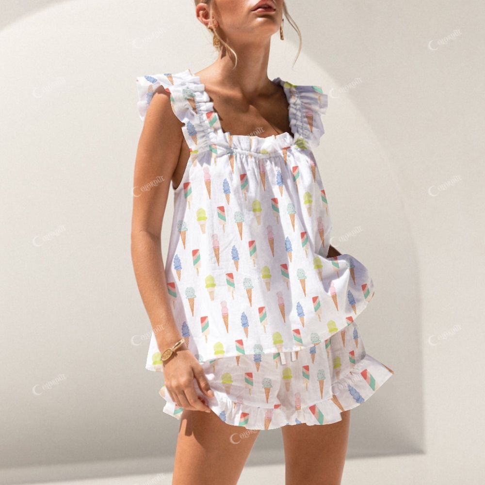 Colordate Ice Cream Print Short Tank Top Shorts Pajama Set
