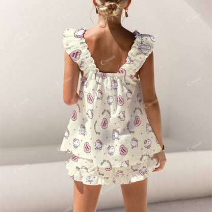 Colordate Cute Cat Print Short Tank Top Shorts Pajama Set