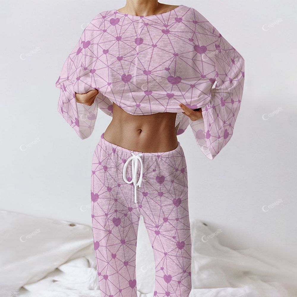 Colordate Amour Lavender Women's Purple Heart Print Long Sleeve Cotton Homewear Set