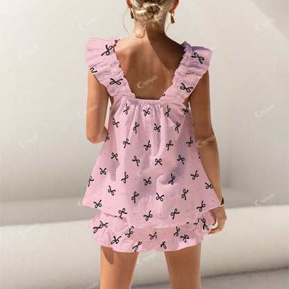 Colordate Midnight Bow Black Bow Print Short Tank Top Shorts Pajama Set