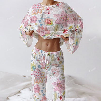 Colordate Ruby Dusk Women's Colorful Flower Print Long Sleeve Cotton Homewear Set