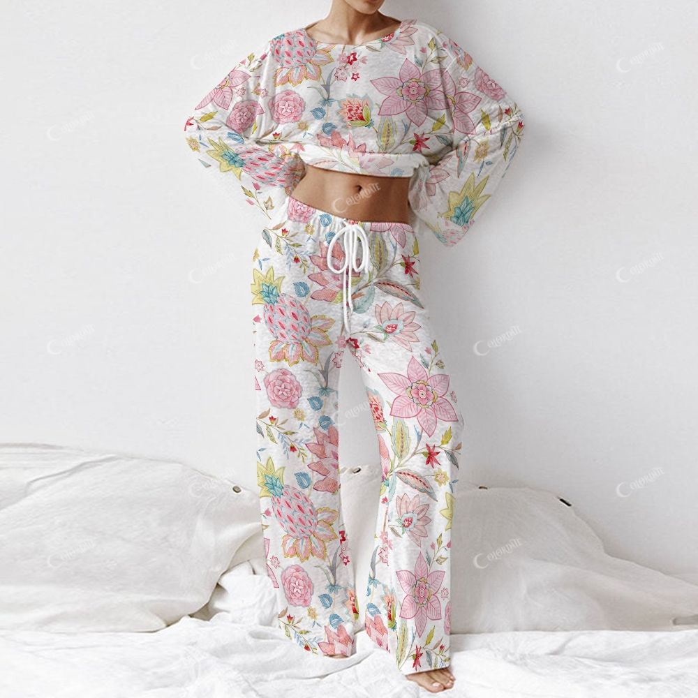 Colordate Ruby Dusk Women's Colorful Flower Print Long Sleeve Cotton Homewear Set