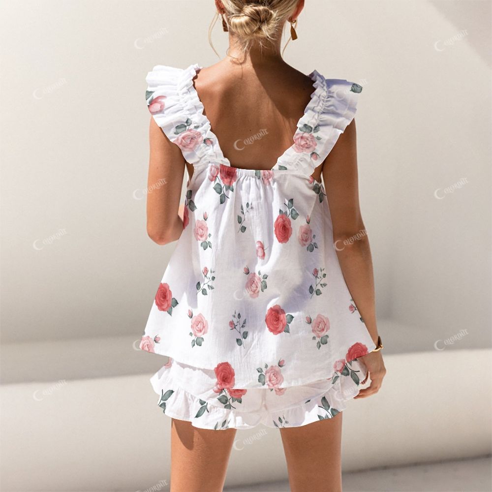 Colordate Rose Print Short Tank Top Shorts Pajama Set
