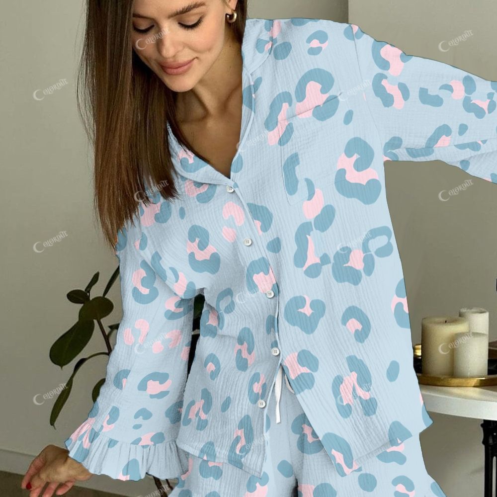 Women's Vintage Blue And Pink Leopard  Printed Linen Cotton Suit
