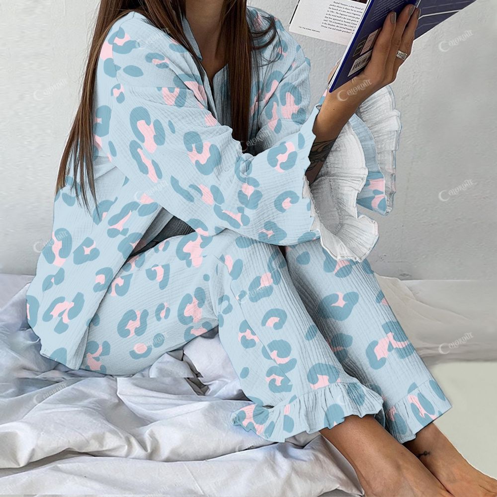 Women's Vintage Blue And Pink Leopard  Printed Linen Cotton Suit