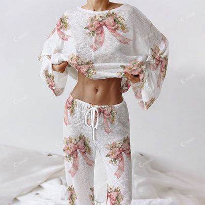 Colordate Women's Bow And Flower Print Long Sleeve Cotton Homewear Set
