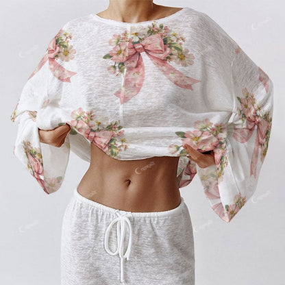 Colordate Women's Bow And Flower Print Long Sleeve Cotton Homewear Set