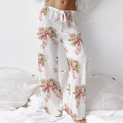 Colordate Women's Bow And Flower Print Long Sleeve Cotton Homewear Set