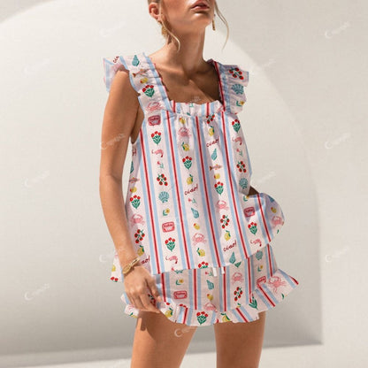 Colordate Fish, Shrimp And Fruit Prints Short Tank Top Shorts Pajama Set