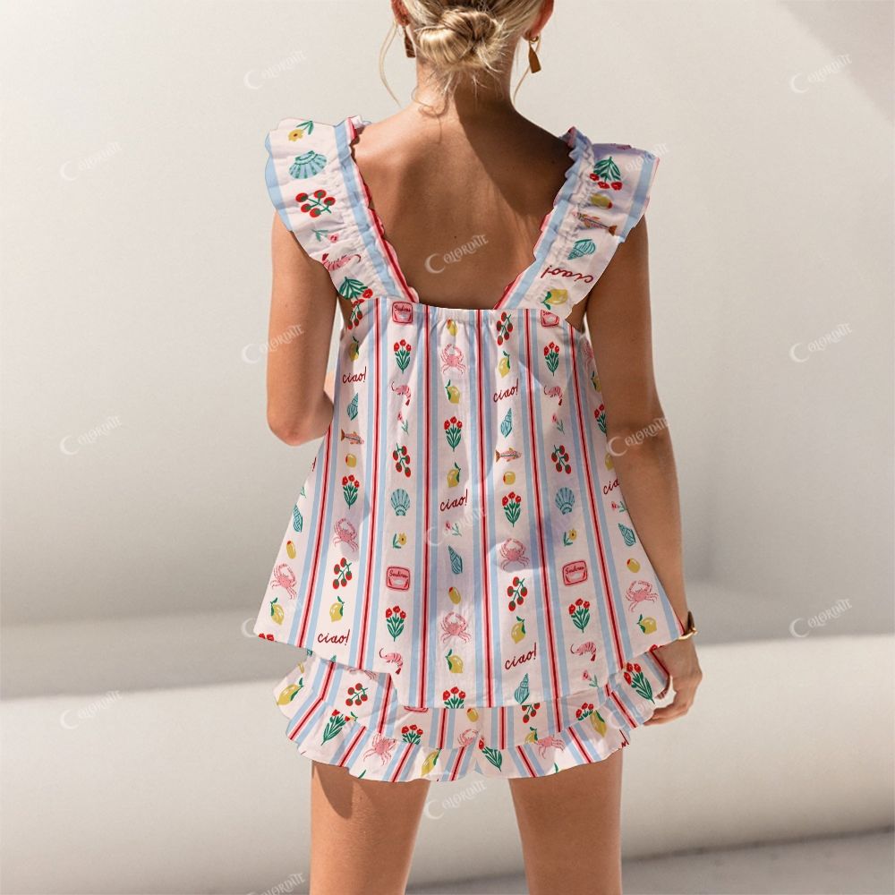 Colordate Fish, Shrimp And Fruit Prints Short Tank Top Shorts Pajama Set