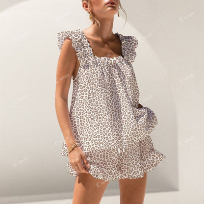 Colordate Leopard Print Short Tank Top Shorts Pajama Set