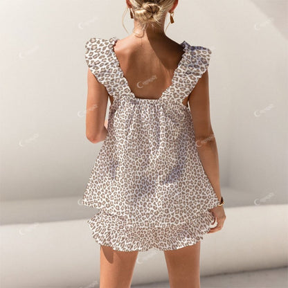 Colordate Leopard Print Short Tank Top Shorts Pajama Set