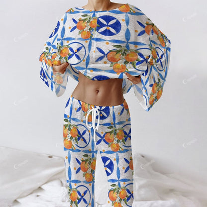 Colordate Women's Fruits And Geometric Prints Long Sleeve Cotton Homewear Set