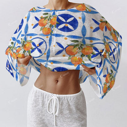 Colordate Women's Fruits And Geometric Prints Long Sleeve Cotton Homewear Set