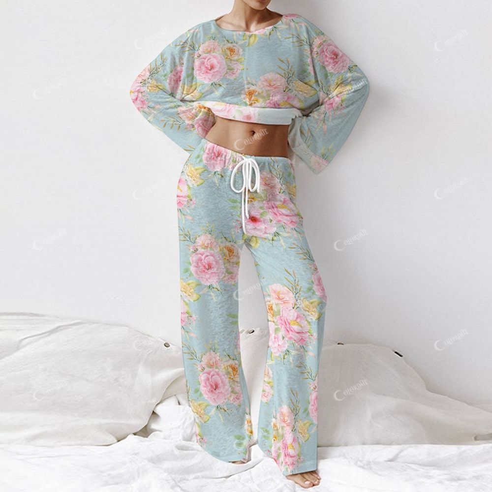 Colordate Women's Flower Print Long Sleeve Cotton Homewear Set